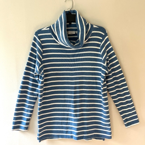 L.L.Bean Sz L Knit Stretch Pullover Sweatshirt Blue Striped Cowl Collar Sweater - Picture 1 of 8